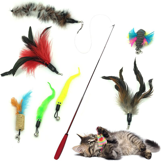 Cat Toy Fishing Rod Interactive Retractable Magic Wand Stick Fun Game Toy with 7pcs Spare Feathers for Kitten Cat Pets