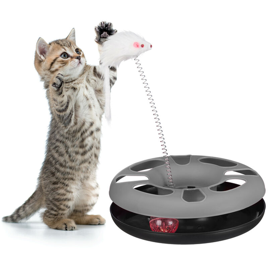 Relaxdays - Grey Cat Toy Carousel with Mouse, Interactive Toy, Ball with Bell, Pet Training and Entertainment