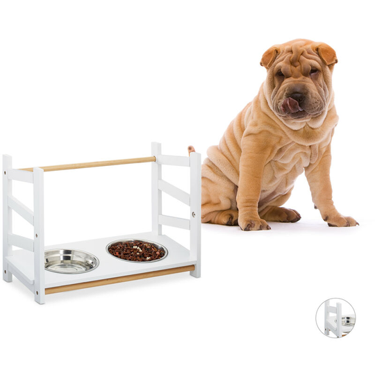 Relaxdays - Feeding Station for Dogs, 2 x 1000 ml Stainless Steel Bowls, 39 cm, Riser, Slanted, Bamboo, mdf, White