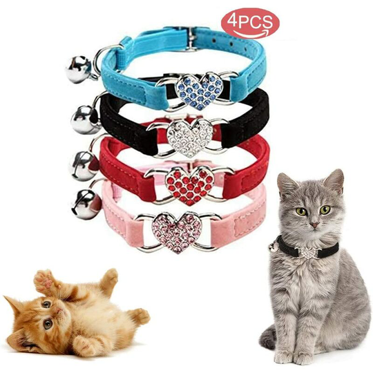 Litzee - 4pcs Lovely Kitten Collar, Cat Collar with Bell and Elastic Strap black,pink,blue,red