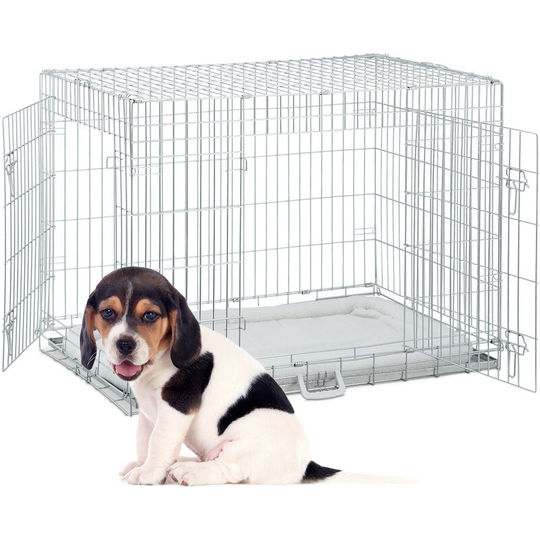 Foldable Dog Crate, for Travelling & Indoors, Bottom Tray, 2 Doors, Handle, Pillow, 79 x 106 x 70 cm, Metal - Relaxdays