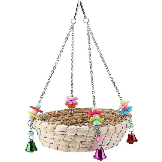 Bird Parrot Toy,parrot Bird Nest,natural Hand Woven Straw Nest Bed Swing With 4 Metal Bells,bird Swing,perched Parrot Thsinde