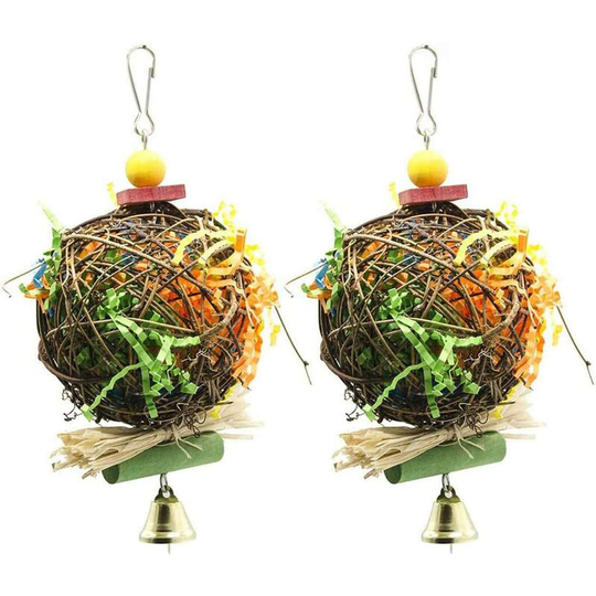 2 Pack Natural Bird Chew Toys Sepak Takraw with Paper Forager Shredder Toy Parrot Cage Hanging Bell Parrot Toy
