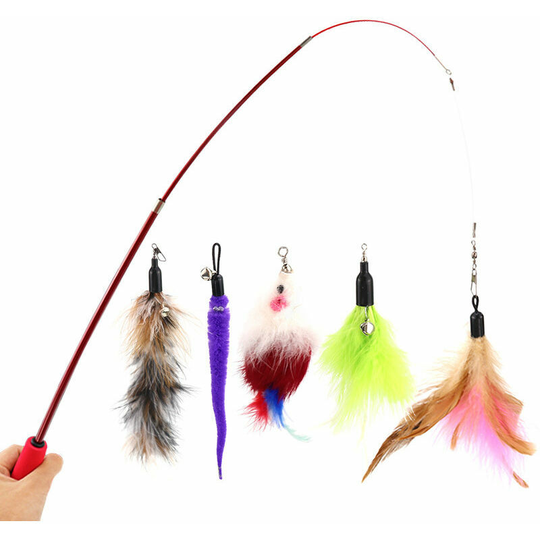 Cat Toy Stick Interactive Cat Hair, Cat Toy Retractable Cat Stick 5 Natural Feathers for Indoor Cat Sports