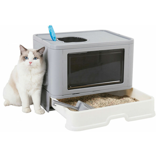 Cat Litter Tray Large Hooded Box With Seamless Filter Tray Grooming Brush Set