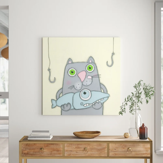 "Cat with Fish" by Tatijana Lawrence Painting Print on Wrapped Canvas