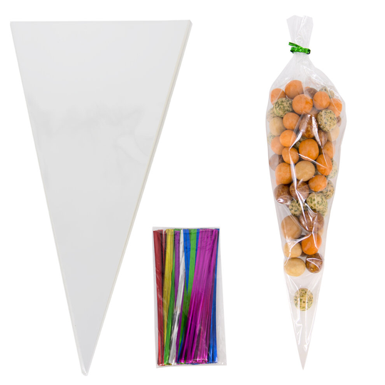 (Mix, 100PCS 25*13cm) Time to Sparkle Clear Plastic Cone Bag Sweets Cellophane Treat Bags with Ties Candy Mix Colour
