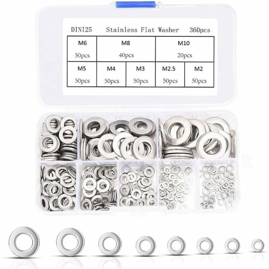 Flat Washers, 360pcs Stainless Steel Washers Wide Flat Washers Metal Washers for Mechanics Suitable for Bolts Nuts Electric Screws Springs with Box