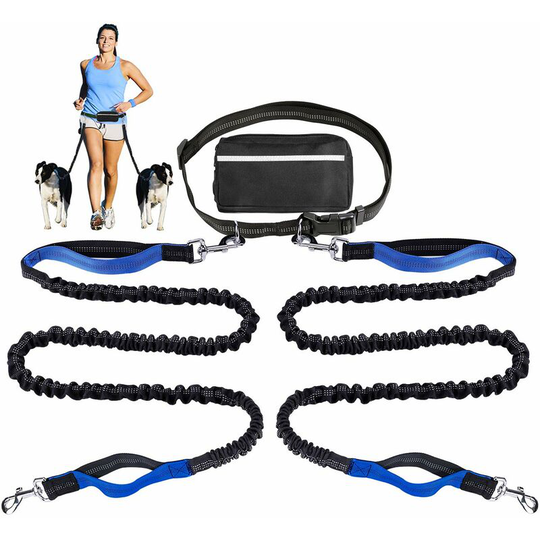 Lifcausal - Hands Free Dog Leash for Running Walking Training Hiking, Dual-Handle Reflective Bungee, Poop Bag Dispenser Pouch, Adjustable Waist Belt,