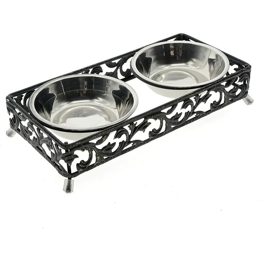 Stainless Steel Raised Pet Bowls for Small Elevated Food and Water Bowls w Antique Metal Stand