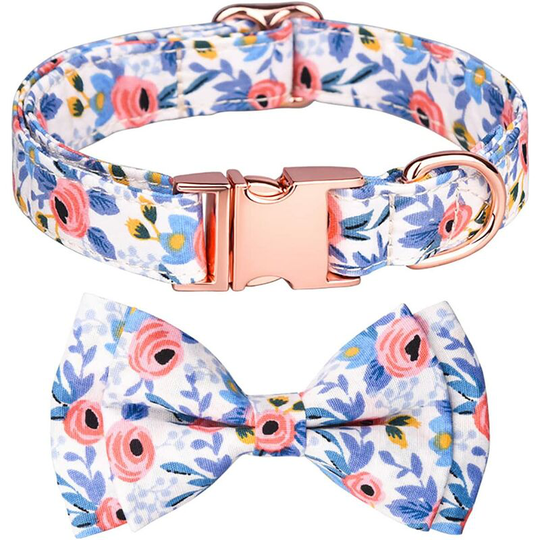 Floral Dog Cat Collar Bowtie,Removeable Flower Bow Soft Cotton Adjustable Pet Collars Rose Gold Metal Buckle for Dogs Cat (m Blue 31-50cm)