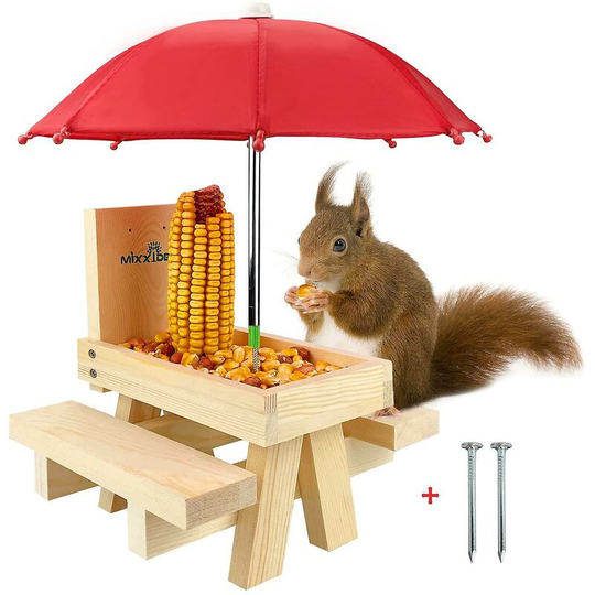 Thsinde - Squirrel Feeder Table With Umbrella, Wooden Squirrel Picnic Table Feeder, Durable Squirrel Feeder Corn Cob Holder