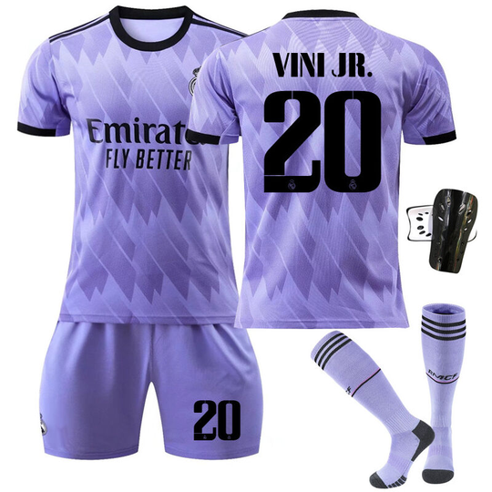 Real Madrid Stadium Away Purple Soccer Suit No.20 with socks+protective gear, children's size 22