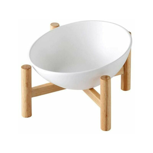 Bearsu - Large White Raised Bowl Holder Sloped Dog and Cat Bowl Ceramic with Bamboo Wooden Stand Large