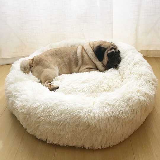60CM Round Faux Fur Fluffy Shaggy Sheepskin Pet Bed, White - Livingandhome