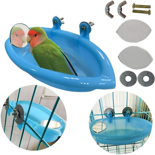 Bird Bath Tub Bowl Basin Hanging Birdbath Toy Pet Parrot Budgie Parakeet Cockatiel Cage Water Shower Food Feeder With Mirror (Blue)