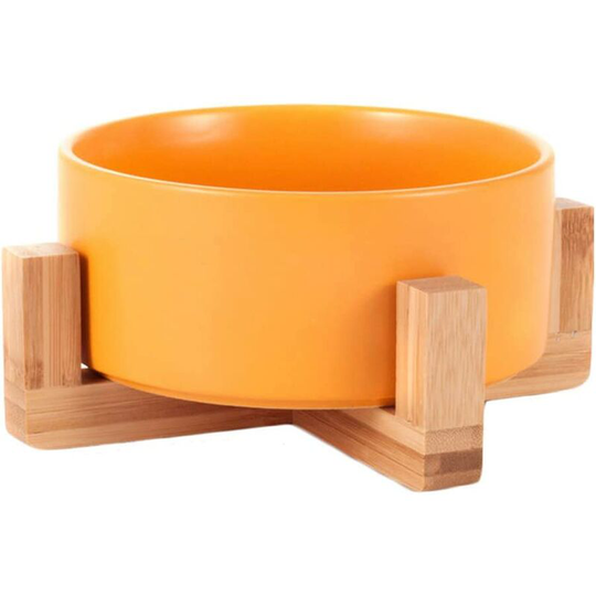 Cat and dog bowl, diameter 15.5 cm, 850 ml, the wooden frame is stable and non-slip, ceramic bowl for dogs and cats, ceramic bowl with bamboo frame,