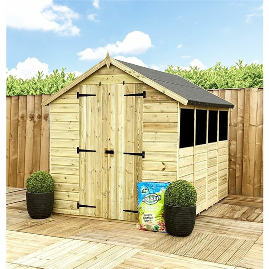 12 x 5 Pressure Treated Tongue & Groove Apex Shed + Double Door + Low Eaves + 4 Windows