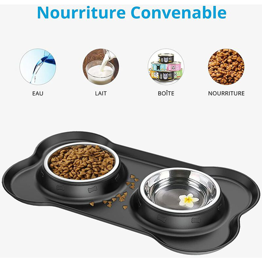 36*21cm Small Cat and Dog Bowl, Non-Slip Anti-Overflow and Anti-Spill Stainless Steel Bowl, Stainless Steel Double Bowl with Silicone Mat-Thsinde