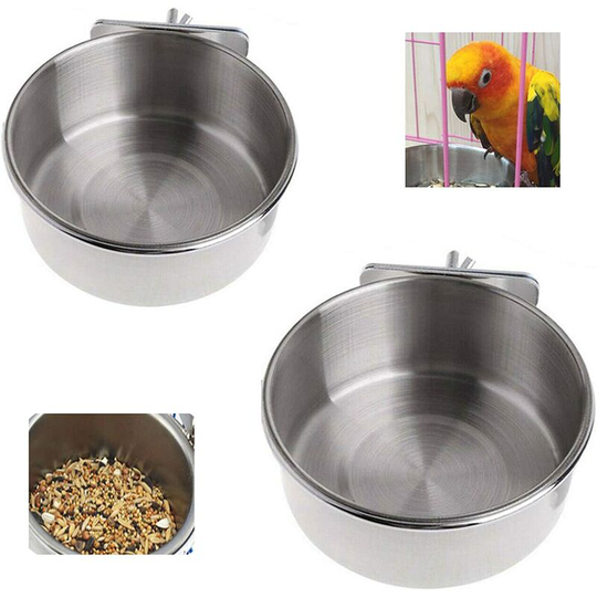 Bird Feeding Bowls Stainless Steel Parrots Feeding Cups Water Feeding Bowls for Animal Cages Stainless Steel Perches with Clip Holder Parrot Bird