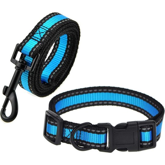 Dog lead, combined collar | Blue | 3M reflective tape with nylon tape | (Blue leash collar, pack of 2, 14 '-19' -40 lb medium collar)