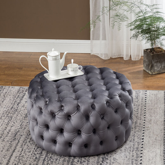 70CM Round Velvet Buttoned Footstool, Grey - Livingandhome