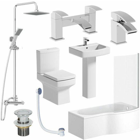 Affine - Complete Bathroom Suite rh Shower Bath Toilet Basin Pedestal Shower Taps Square - White