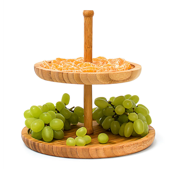 Bamboo Etagere 25 cm x 25 cm Fruit Etagere Wooden With 2 Round Plates For Snacks, Sweets, Baked Goods, Nuts, Etc, Fruit Serving Tray Serving Plate