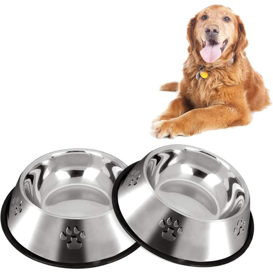 Litzee - Set of 2 Stainless Steel Dog Food Bowls with Non-Slip Rubber Base - For medium sized dog bowls and water bowls (L(26 cm)