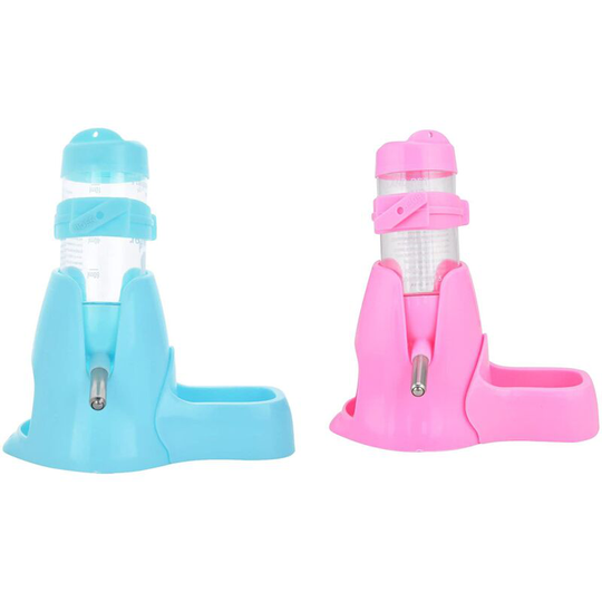 Hamster Water Bottle, Automatic Small Animal Feeder with Food Container Base, Hanging Bottle for Small Animals (80ml Blue + 80ml Pink) 2pcs