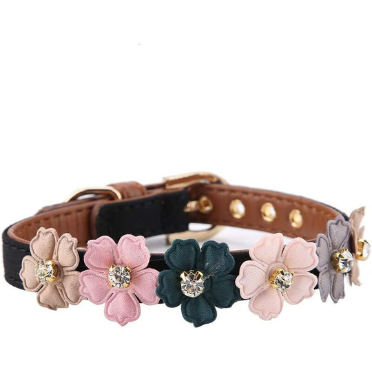 Flower Decoration Pet Collar, Adjustable pu Leather Dog Cat Puppy Collar for Cats, Small and Medium Dogs(1.3 * 34cm-Black)