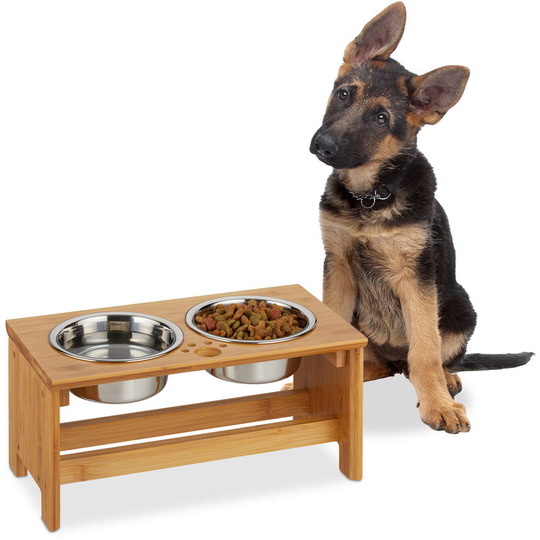 Feeding Station for Dogs, 2 Bowls, 700 ml, Raised, Bamboo, Stainless, hwd: 18.5 x 40 x 20.5 cm, Natural/Silver - Relaxdays