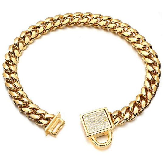 Gold Dog Chain Collar 10mm Wide Cuban Link Puppy Collar Stainless Steel with cz Diamond Lock Bling Choke Collar for Dogs