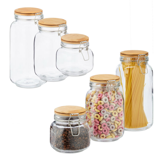 Set of 6 Storage Jars, Clip Top, Airtight Bamboo Lids, Dry Food, Glass, 2 l, 1.5 l, 750 ml, Transparent - Relaxdays