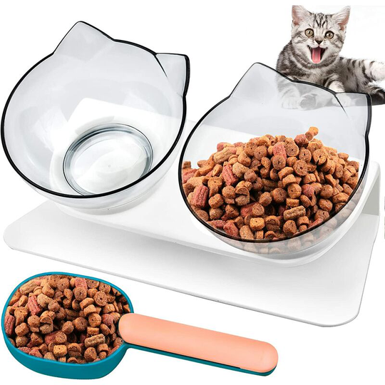Elevated Cat Bowl, 15° Inclined Double Bowl for Cats and Small Dogs with Non-Slip Base Cat Feeder and Drinker