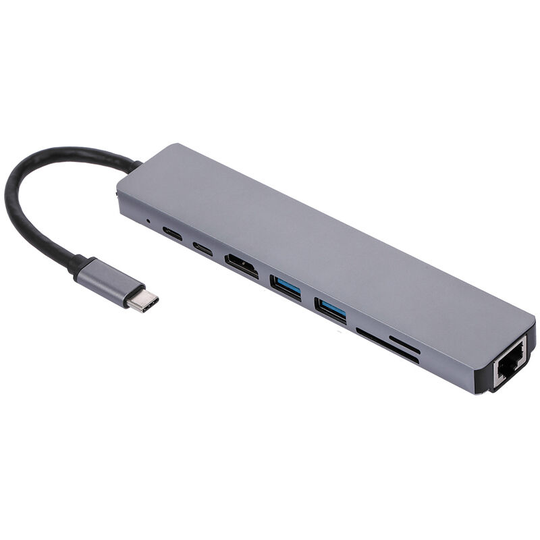 8IN1 USB-C Multi-function Laptop Docking Station Converter Type-C to PD+USB*2+HDTV+Type-C+SD+TF+RJ45 87W Adapter Grey
