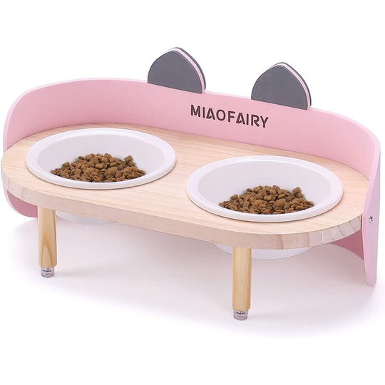 FVO - Ceramic Cat Bowl Double Raised Cat Bowls Wooden Stand for Small Pets Kitten Bowl for Food Water Stable Non-Slip