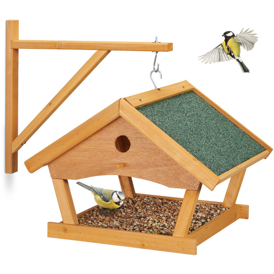 Relaxdays Bird House, Feeding Station, Wall Mounted, H x W x D: approx. 35 x 42.5 x 40.5 cm, Natural/Green