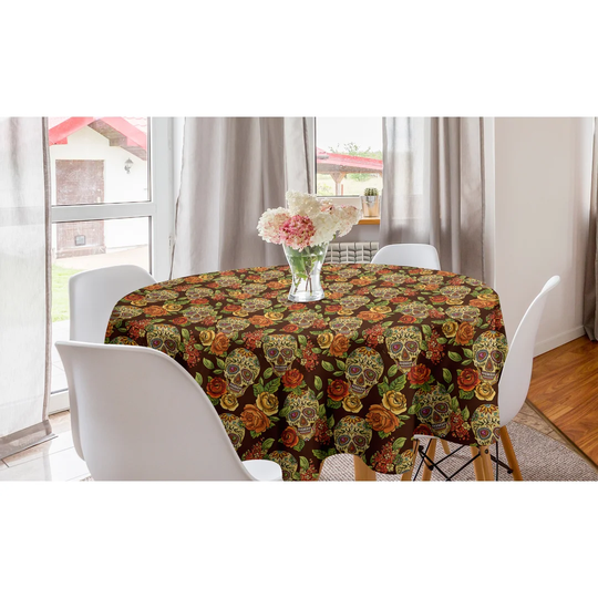 Caitlinn Sugar Skull Autumn and Leaves in Smily Head Bones Tablecloth