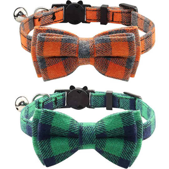 2pcs Cat Choker Collars, Cat Collars with Bells and Bow Ties, Cute Kitten and Cat Collars, Green+Orange