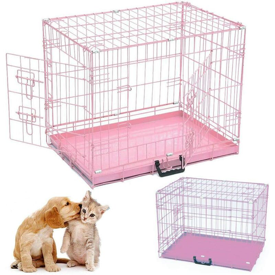 Dog Cage 30' Pink Tray Folding Puppy Crate Cat Carrier Dog Crate, Pet Cage Easy to Transport & Cleaning