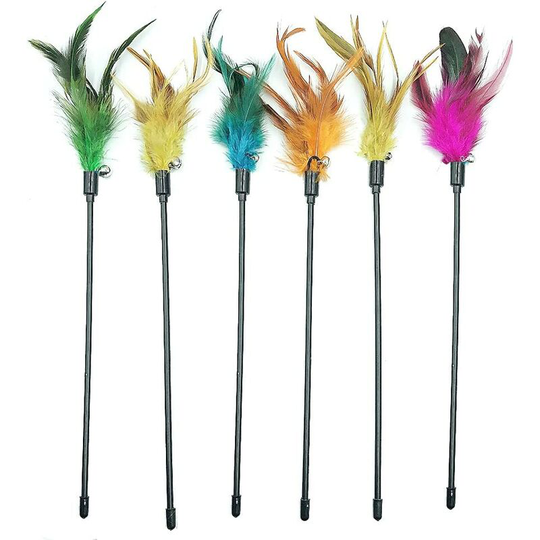 Cat Wand Toys, 6 pcs Interactive Cat Teaser Wand Cat Feather Toys with Loud Bell for Cat and Kitten