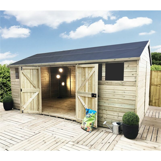 10 x 13 Reverse Premier Pressure Treated Tongue And Groove Apex Shed / Workshop With Higher Eaves And Ridge Height 2 Windows And Double Doors (12mm