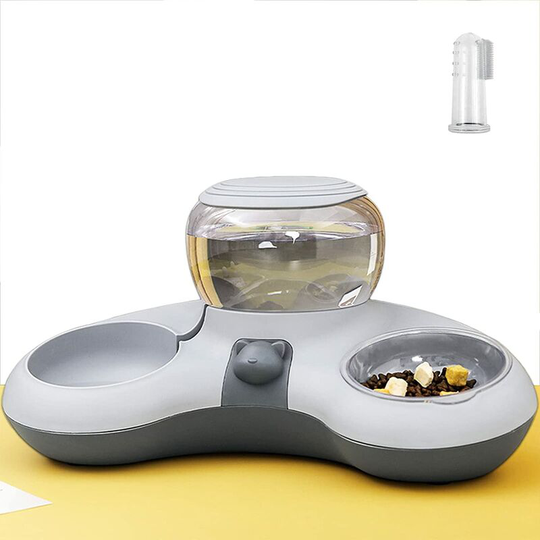 Monly - Cat Bowl with Water Dispenser, Double Bowl Cat Bowl, Crescent Cat Bowl, Large Capacity Automatic Water Cat Bowl, with Free Toothbrush (Green)
