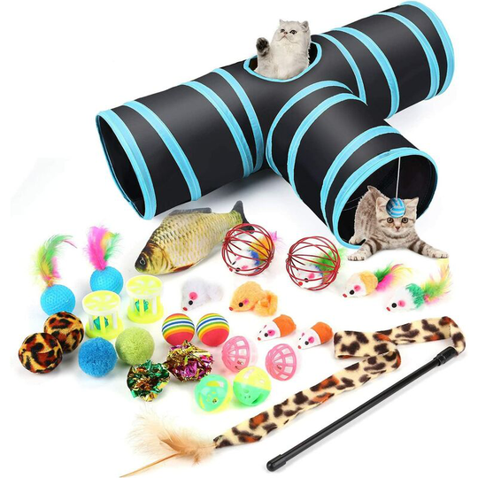 Cat Tunnel Cat Play, Rabbit Tunnel Pet Tunnel 3 Way Crinkle Tunnel Collapsible Tube Toy for Cats Rabbits, Dogs, Pets, with Fishing Rod Cat Toy
