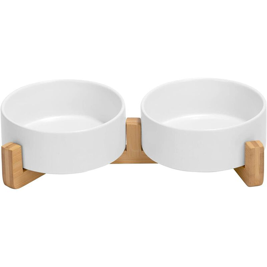 Swyeoot - Ceramic Double Bowl with Bamboo Support for Cat and Dog White