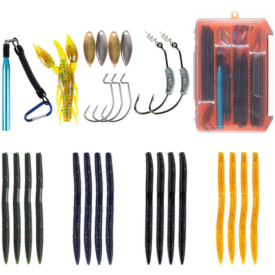 27pcs Fishing Lures Kit Soft Worm Baits Hooks Rigging Tool Spoon Lures with Tackle Box,model: 27pcs set
