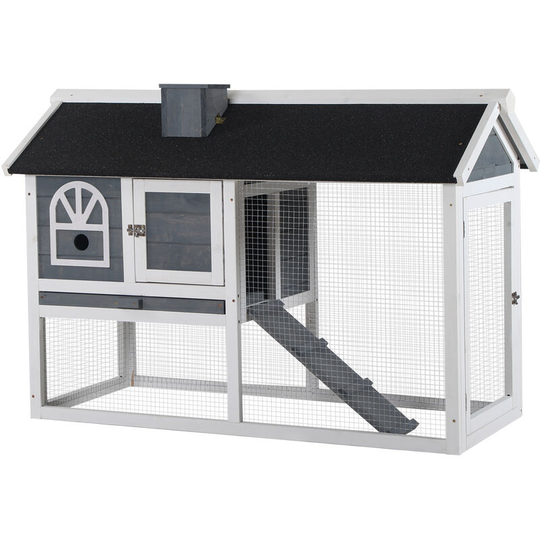 Pawhut - Rabbit Hutch Wood Bunny Cage for Outdoor Indoor w/ Pull Out Tray Ramp - Grey