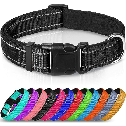 Nylon Dog Collar with Reflective Strip,Classic Padded Collar for Small Dogs,Black,S