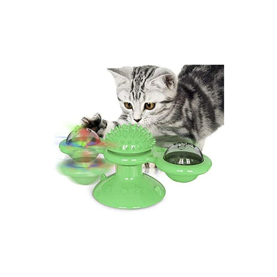 Funny Cat Windmill Toy, Interactive Cat Toy, Catnip Toy Kitten Toys Windmill Turntable, Cat Toy Scratch Pet Hairbrush (Green)